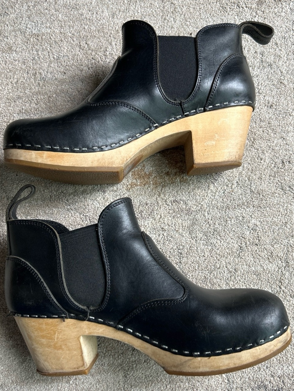 Swedish hasbeens Women's Black Leather Clog Booties with Natural Wood Heel